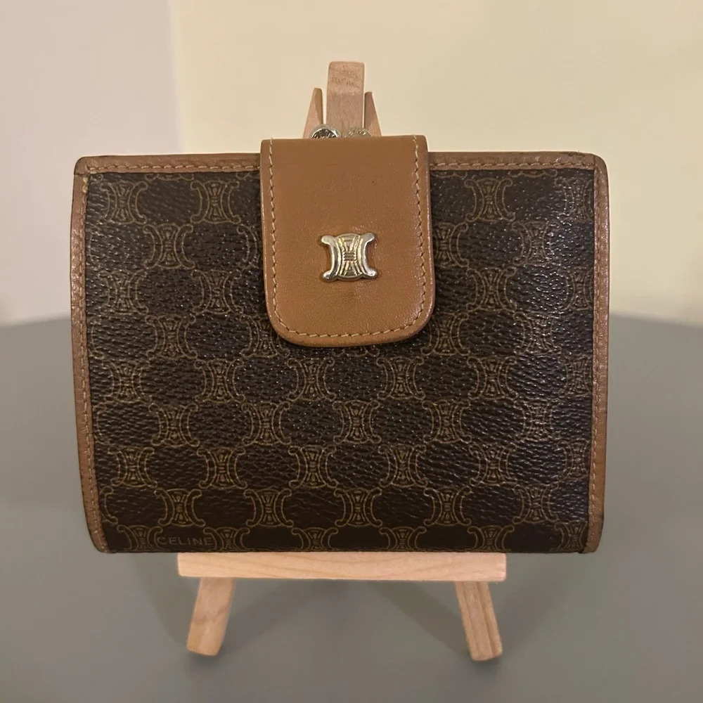 Authentic Celine Compact Kisslock Wallet, Vintage, Light Cognac Leather Trim